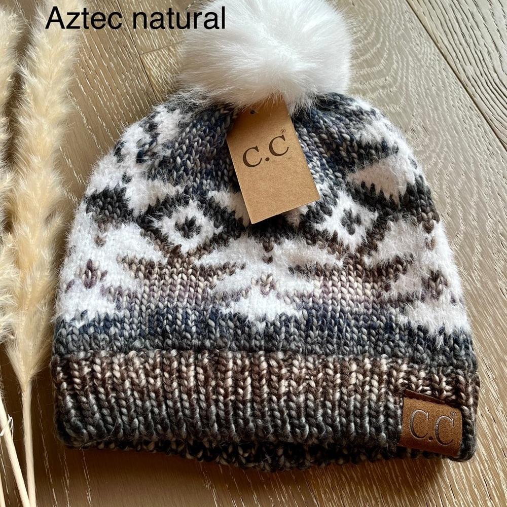 Womens C.C Exclusive Soft Aztec Southwest Pattern Beanie Hat With Faux Fur Pom🤎 - Picture 3 of 8